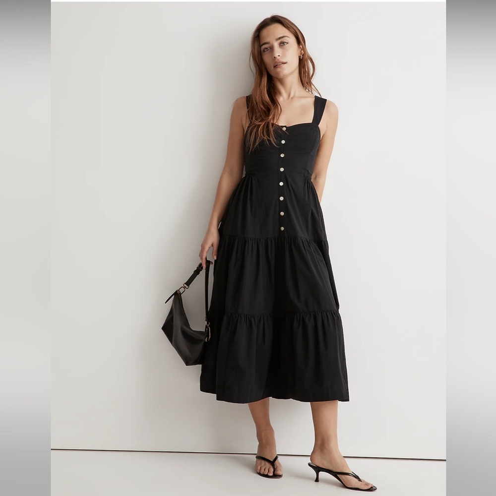 NWT Madewell Button-Front Tiered Midi Dress, black, various sizes
